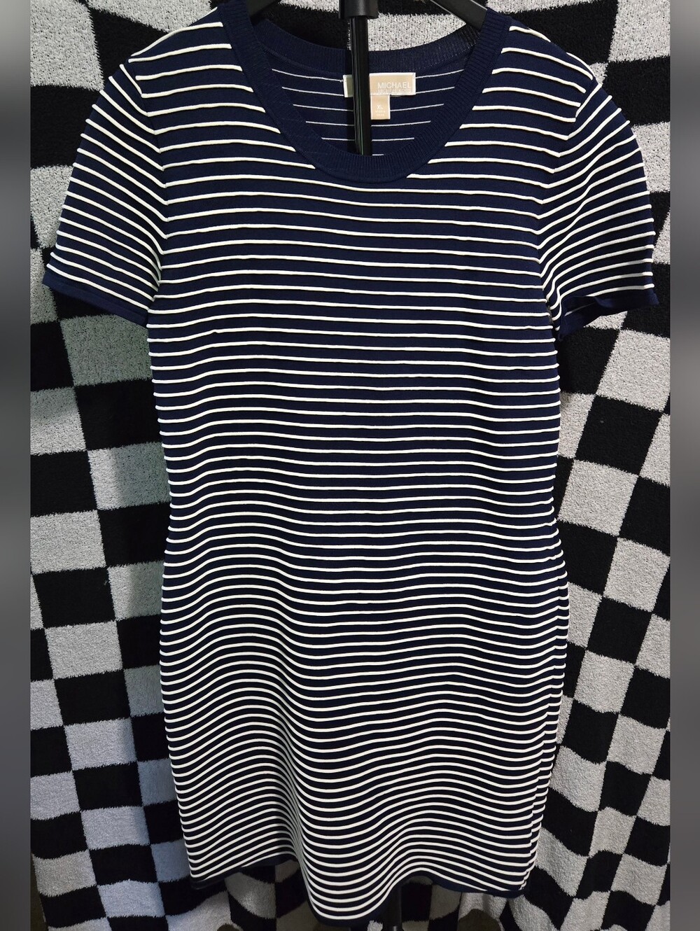 Michael Kors navy and white striped knit bodycon dress featuring a classic crew
